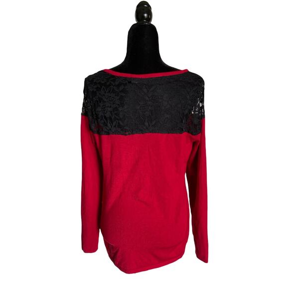 Torrid Womens Sweater Size 00 M 10 Red Knit & Black Lace Yoke Neck Top - Picture 5 of 7